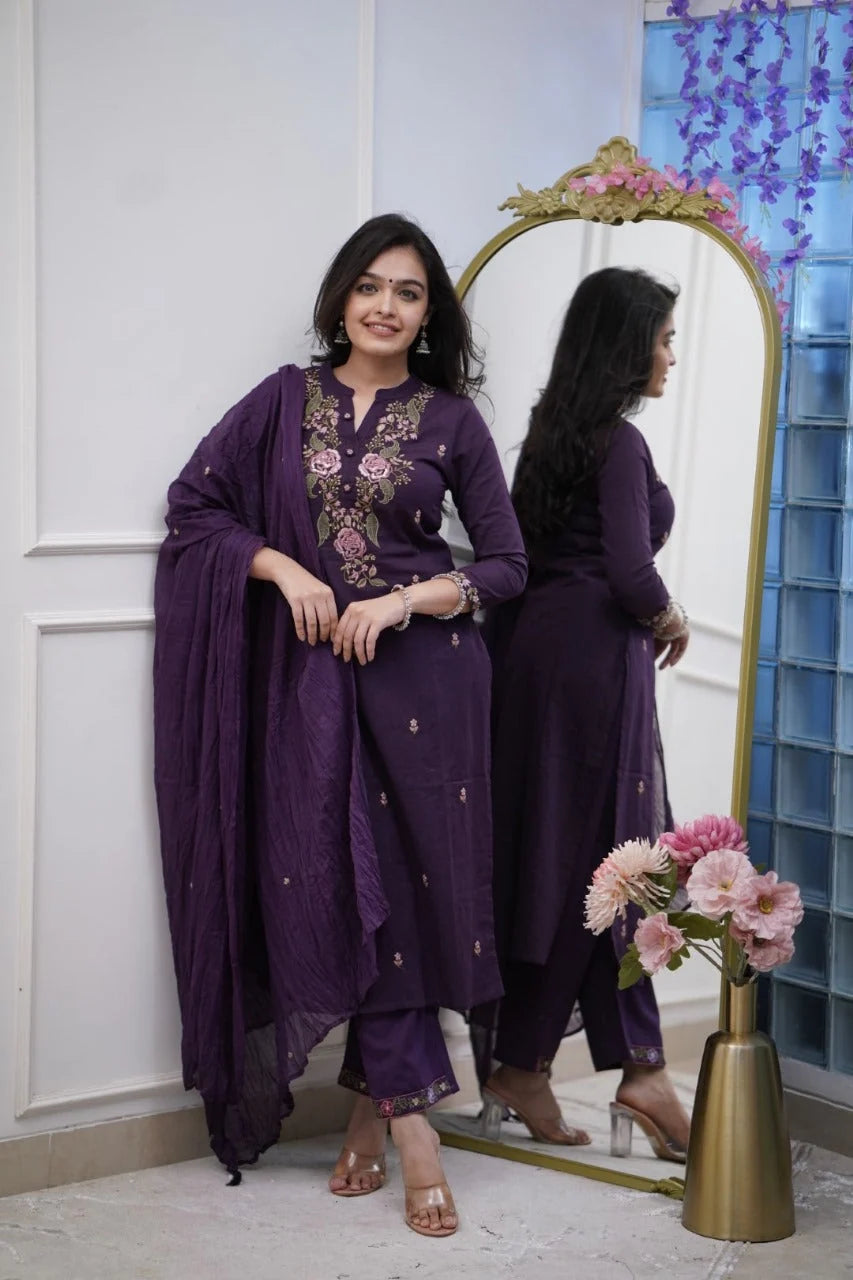ZYFA Purple Embroidered Cotton Kurta Pant Set with Dupatta for Women