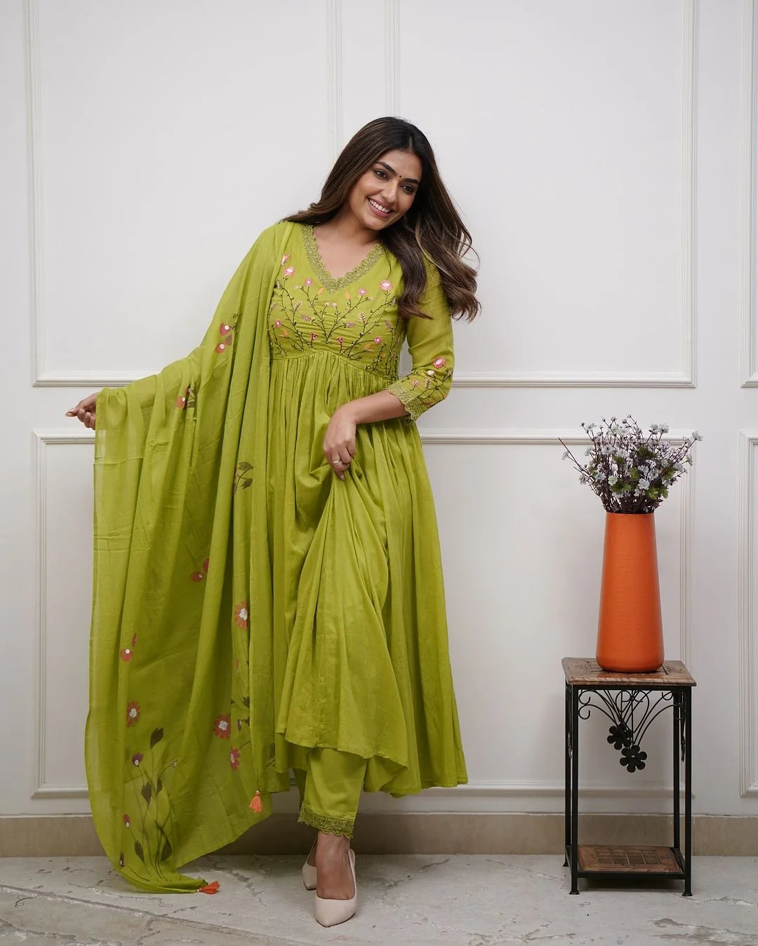 ZYFA Green Embroidered Cotton Anarkali Kurta Set with Dupatta for Women (Copy)