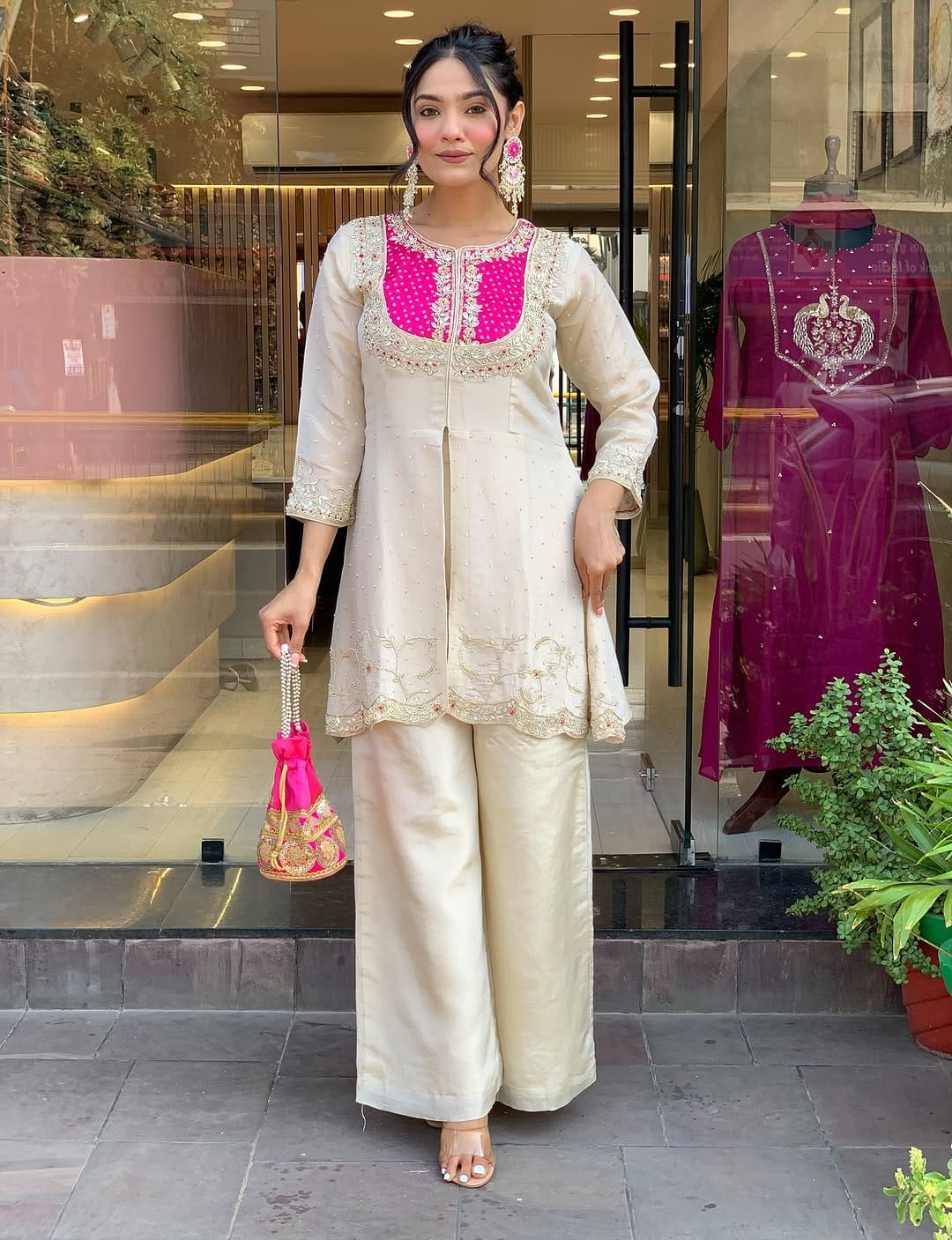 ZYFA Elegant Ivory Pink Embroidered Kurta Set with Palazzo Pants for Women
