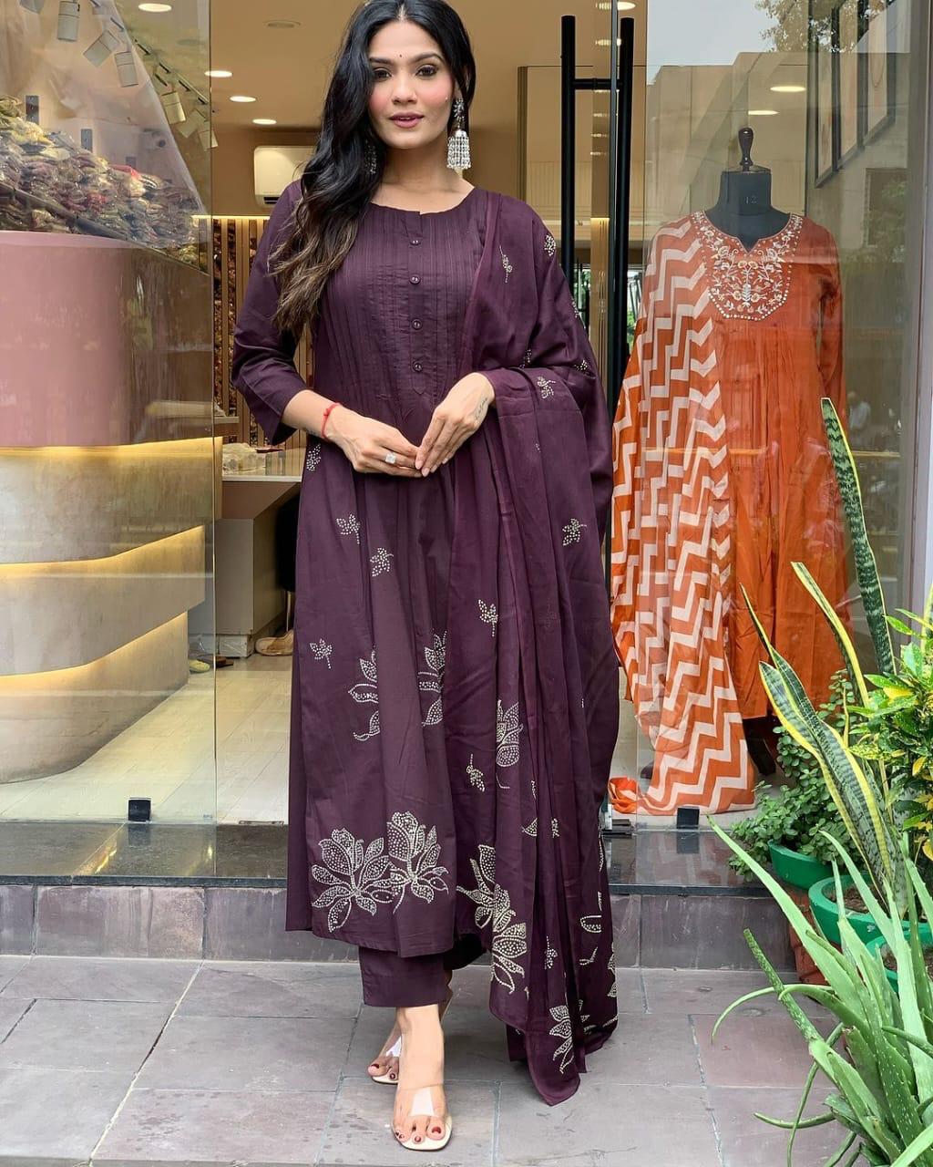ZYFA Wine Kurta Set with White Dotted Floral Print for Women