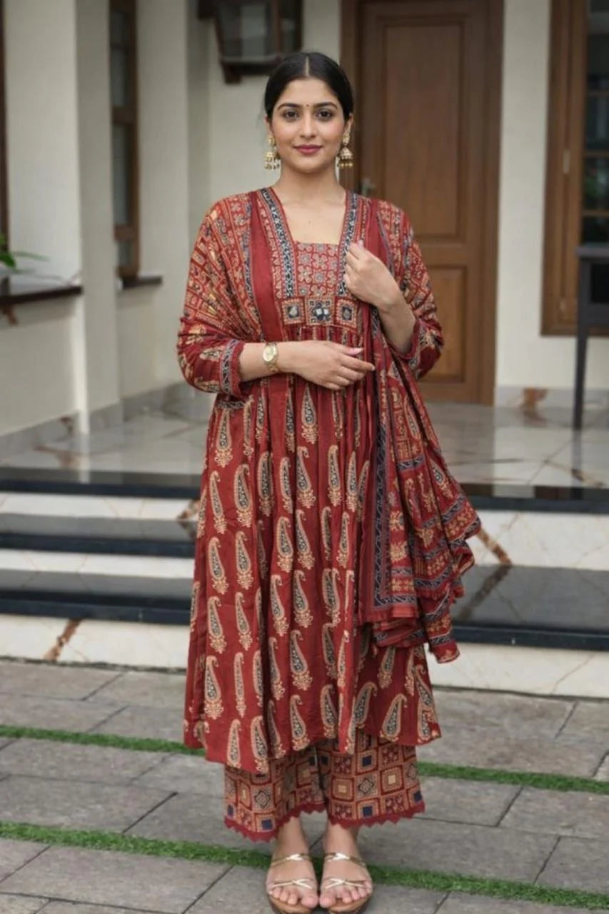 ZYFA Rust Brown Printed Cotton Kurta Palazzo Set with Dupatta for Women