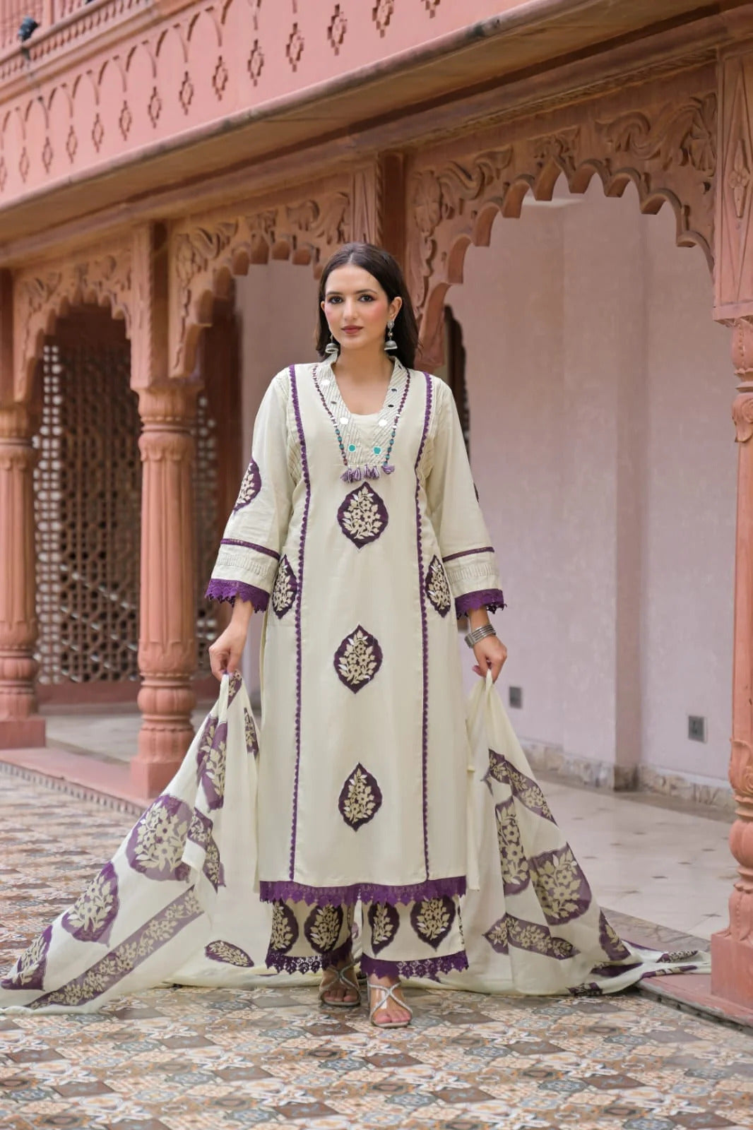 ZYFA Ivory Purple Printed Kurta Pant Set with Dupatta for Women