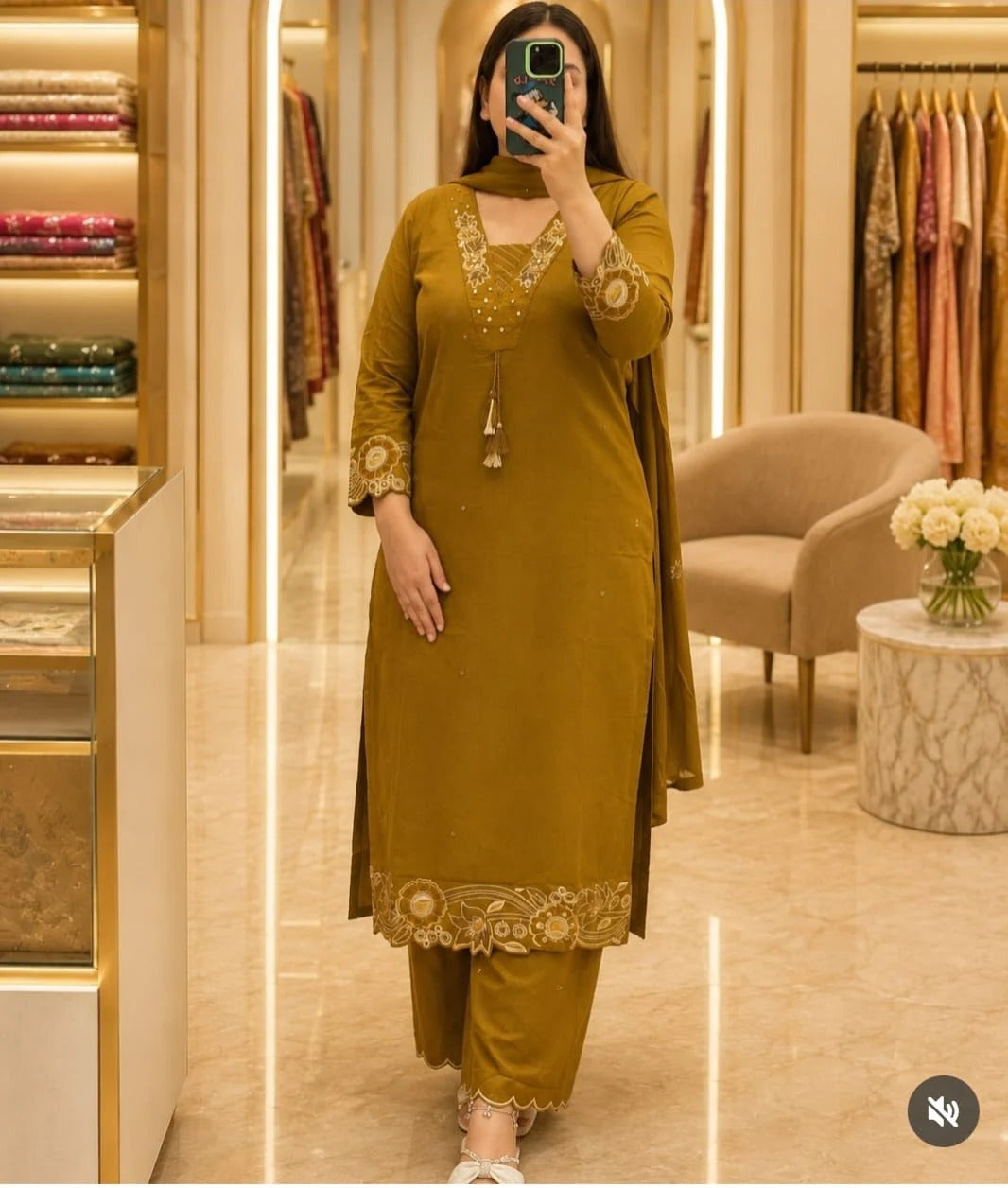ZYFA Mustard Olive Embroidered Kurta Pant Dupatta Set for Women