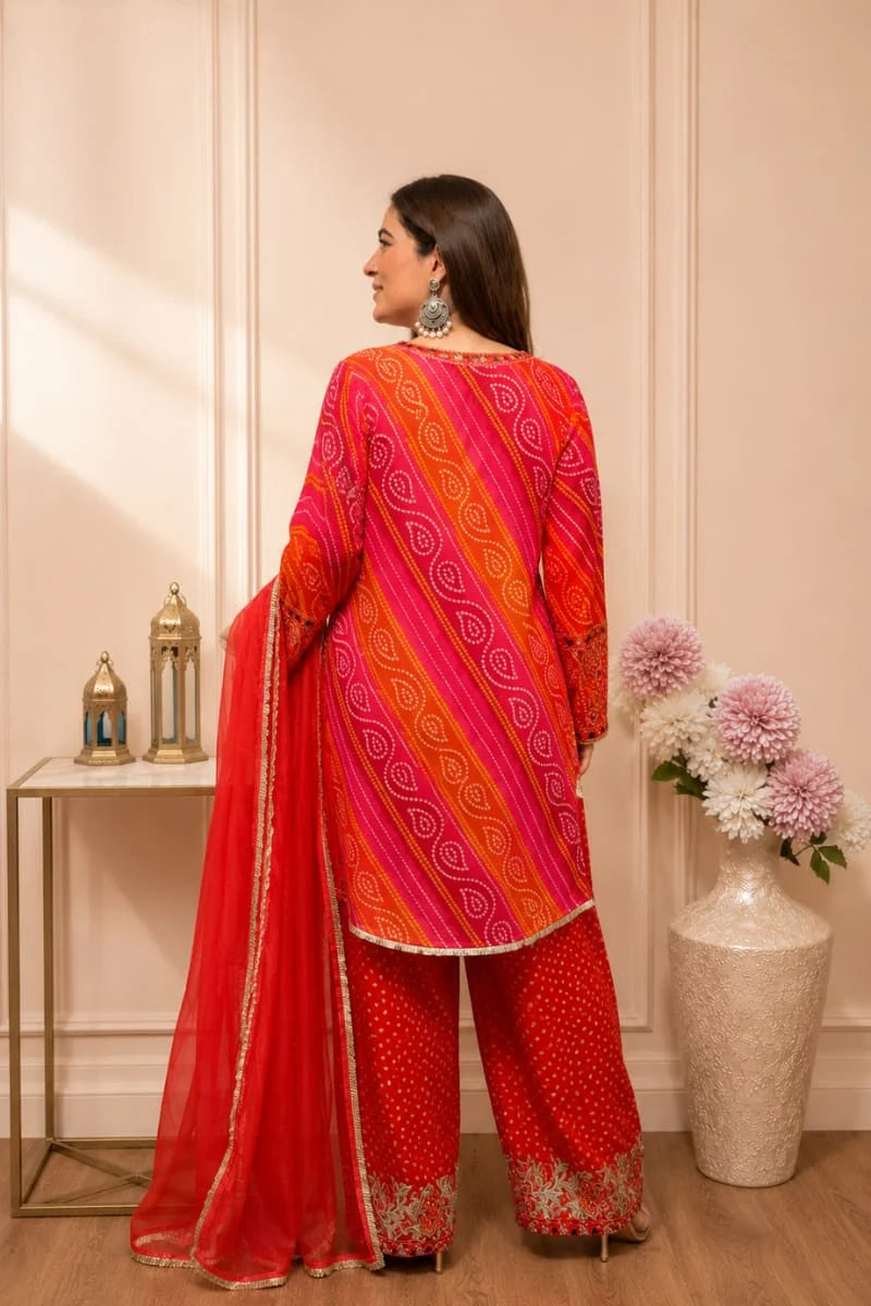 Red Bandhani Embroidered Kurta, Salwar & Dupatta Set for Women | Zyfa