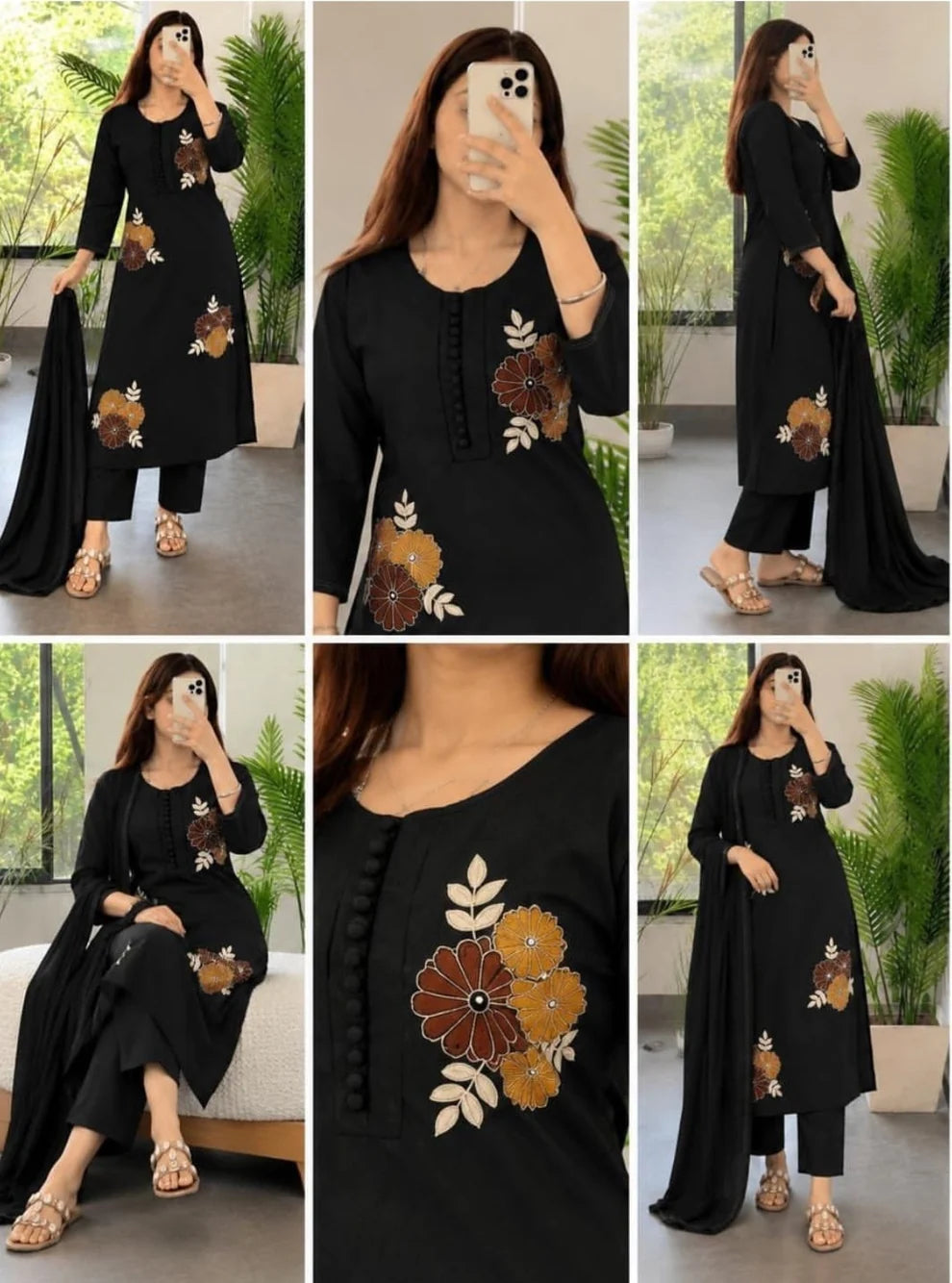 ZYFA Women’s Black Floral Embroidered Kurta Pant Set with Dupatta