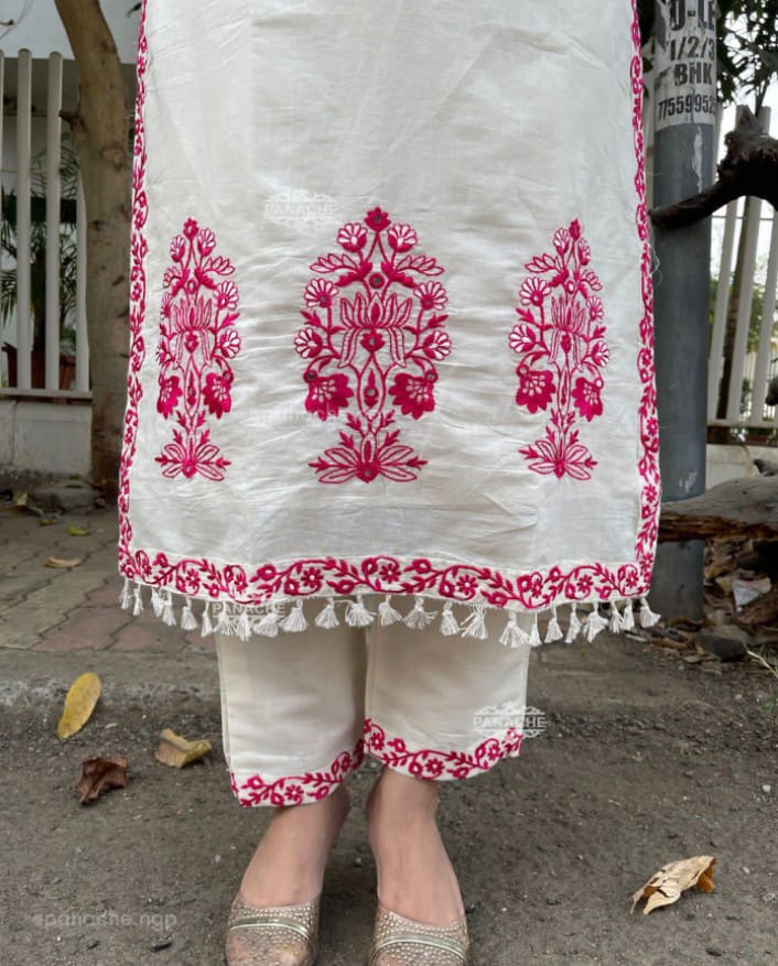 ZYFA Women’s White Cotton Kurta Pant Set with Pink Kashmiri Embroidery