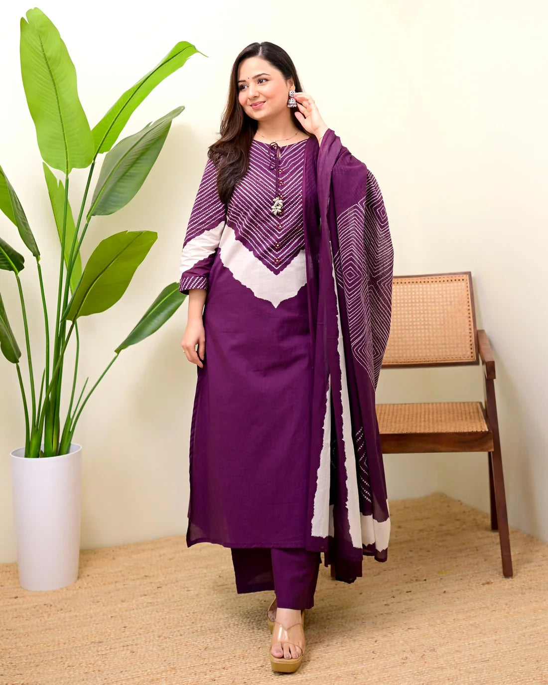 ZYFA Jamuni Bandhej Cotton Palazzo Suit Set for Women with Dupatta