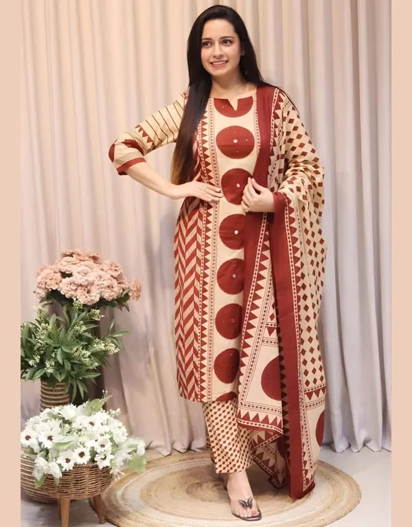 Elegant Beige & Black Geometric Printed Kurta Set with Dupatta for Women | ZYFA