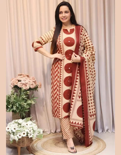 Elegant Beige & Black Geometric Printed Kurta Set with Dupatta for Women | ZYFA