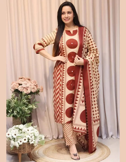 Elegant Beige & Black Geometric Printed Kurta Set with Dupatta for Women | ZYFA