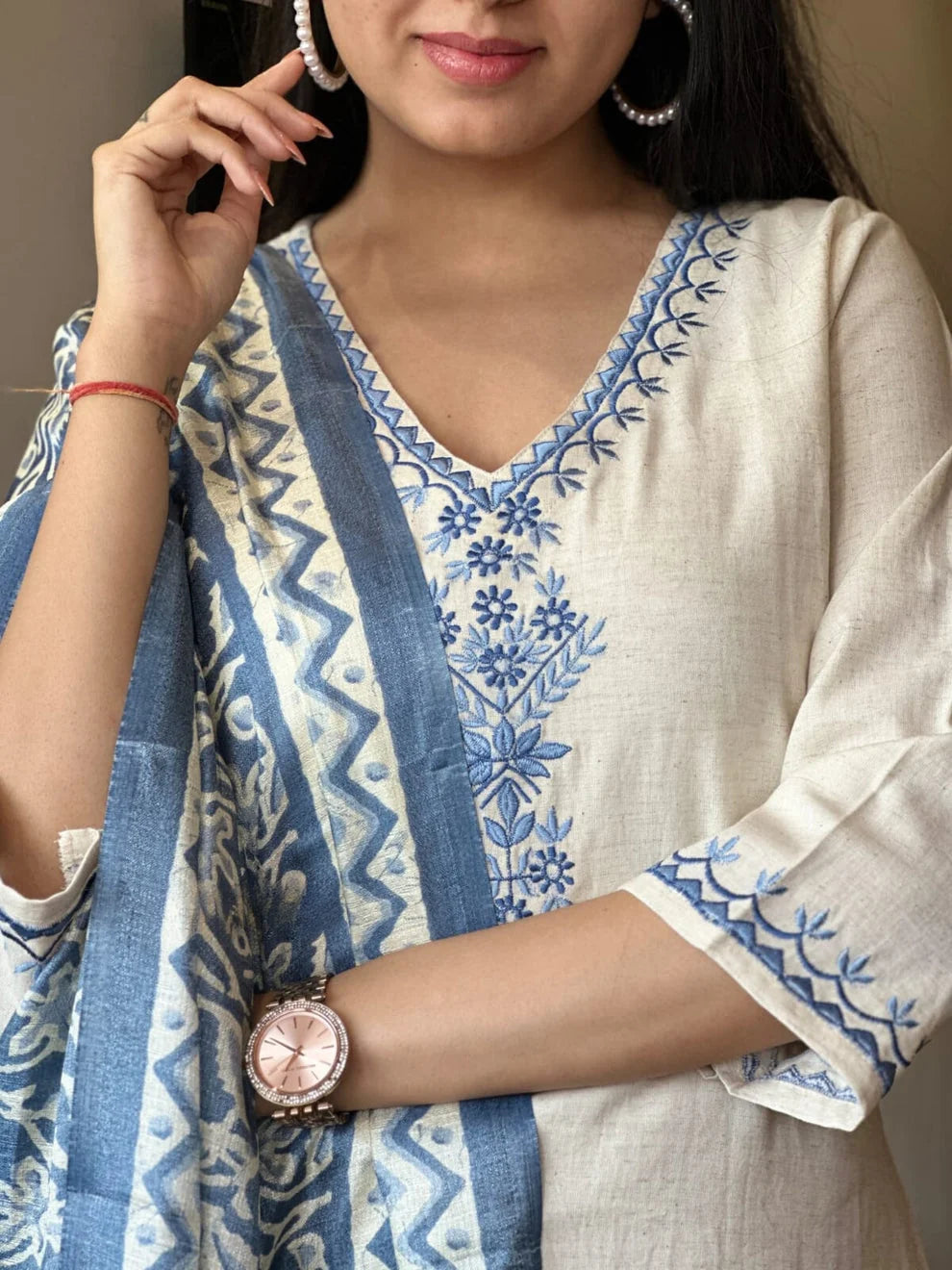 ZYFA Off-White Embroidered Cotton Flex Suit Set with Cotton Silk Dupatta for Women