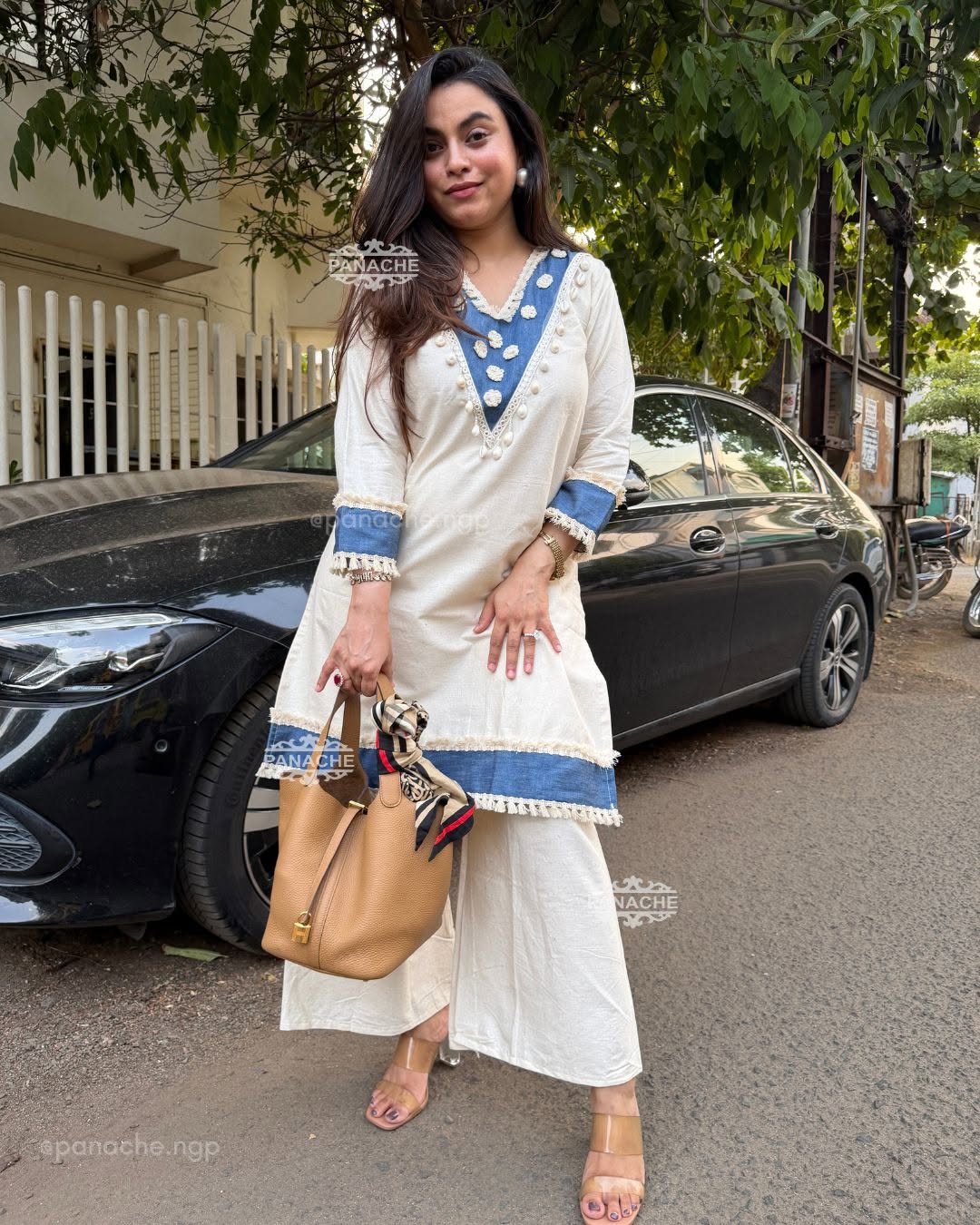ZYFA White and Blue Embroidered Kurta Pant Set for Women