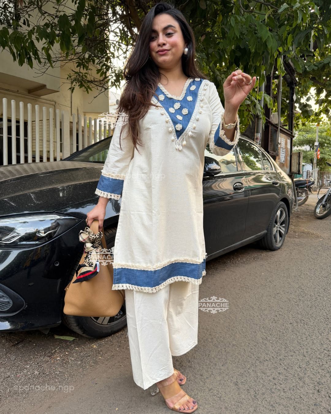 ZYFA White and Blue Embroidered Kurta Pant Set for Women