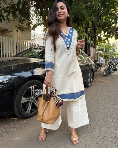 ZYFA White and Blue Embroidered Kurta Pant Set for Women
