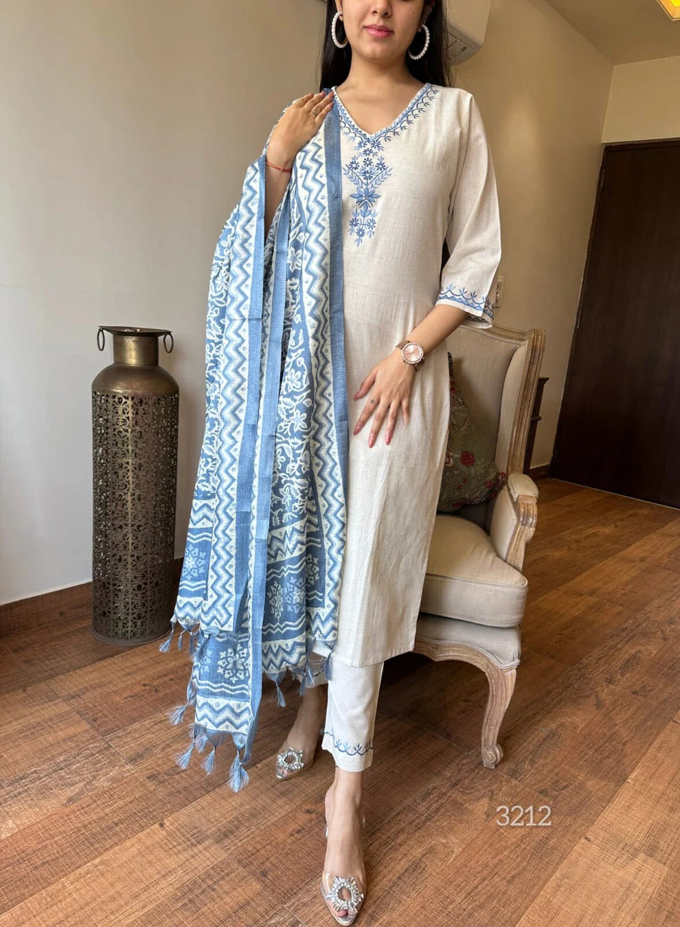 ZYFA Off-White Embroidered Cotton Flex Suit Set with Cotton Silk Dupatta for Women