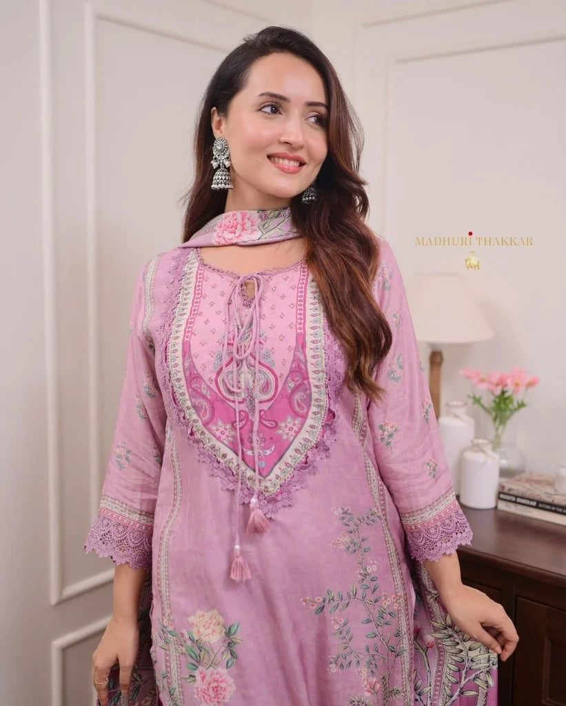 ZYFA Dreamy Lavender Floral Print Kurta Set with Lace Border Dupatta for Women
