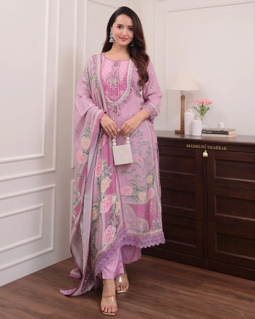 ZYFA Dreamy Lavender Floral Print Kurta Set with Lace Border Dupatta for Women