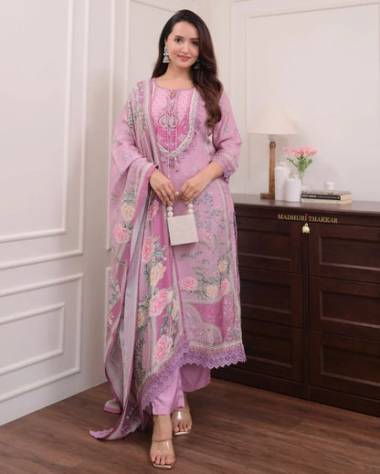 ZYFA Dreamy Lavender Floral Print Kurta Set with Lace Border Dupatta for Women