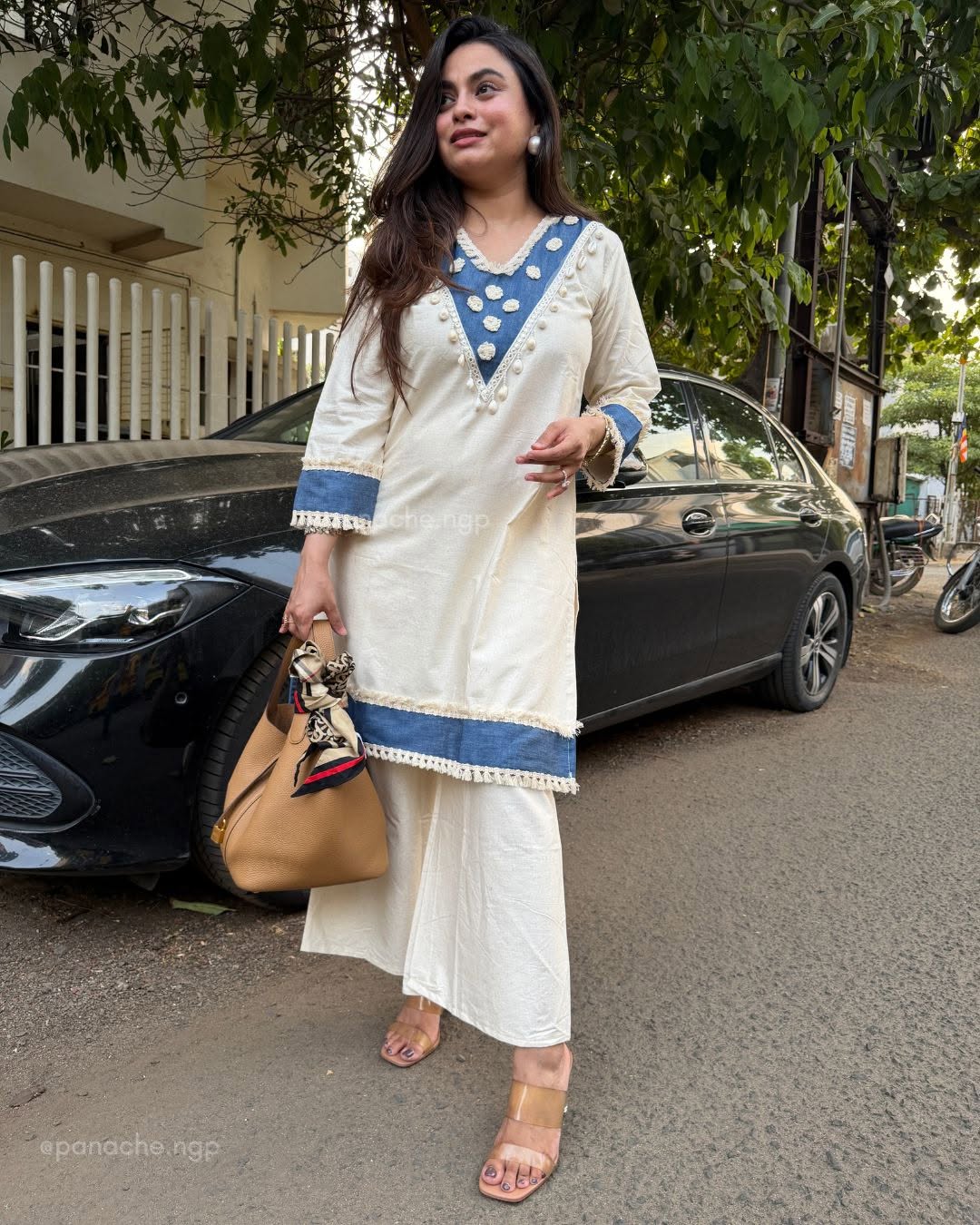 ZYFA White and Blue Embroidered Kurta Pant Set for Women