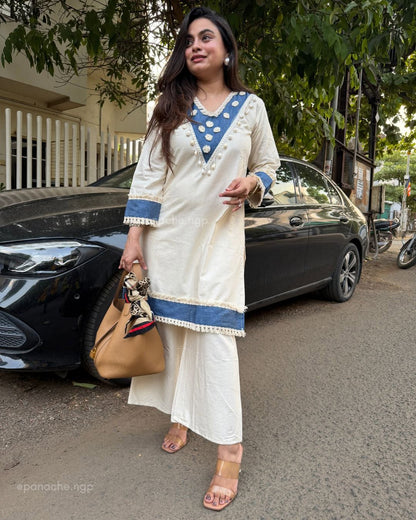ZYFA White and Blue Embroidered Kurta Pant Set for Women