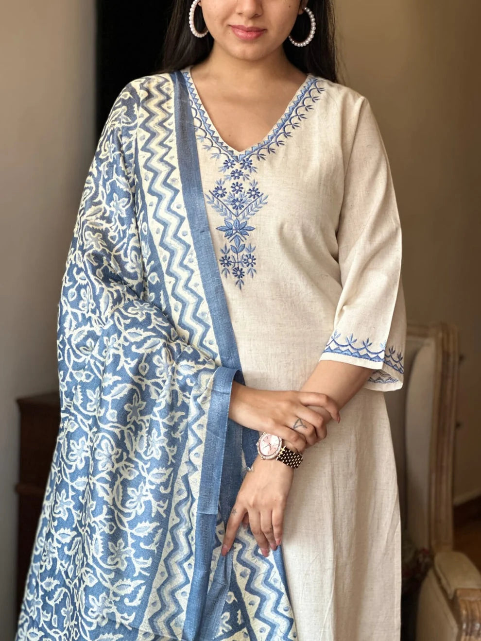 ZYFA Off-White Embroidered Cotton Flex Suit Set with Cotton Silk Dupatta for Women