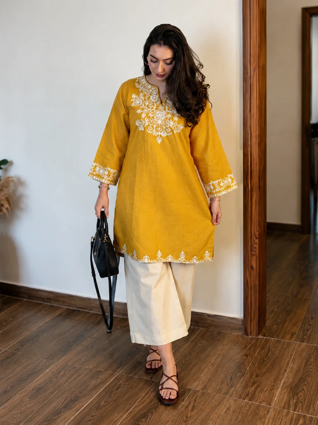 ZYFA Yellow Embroidered Cotton Kurta Set with Palazzo Pants for Women