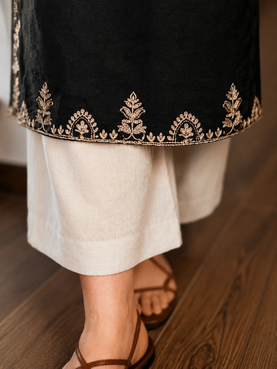 ZYFA Black Embroidered Cotton Kurta Set with Palazzo Pants for Women