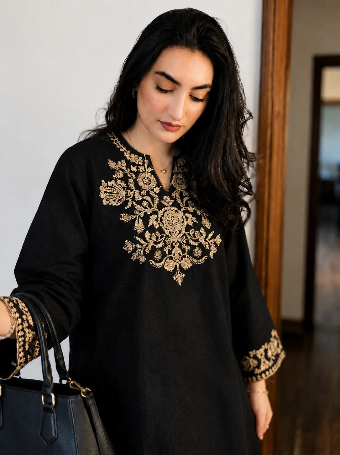 ZYFA Black Embroidered Cotton Kurta Set with Palazzo Pants for Women