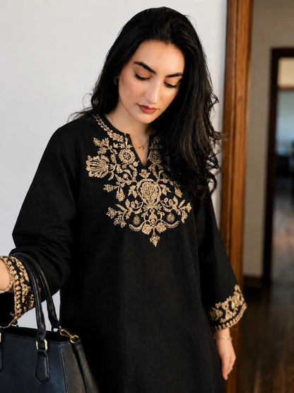 ZYFA Black Embroidered Cotton Kurta Set with Palazzo Pants for Women