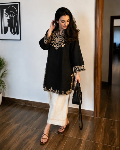 ZYFA Black Embroidered Cotton Kurta Set with Palazzo Pants for Women