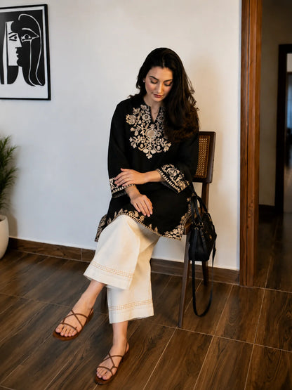 ZYFA Black Embroidered Cotton Kurta Set with Palazzo Pants for Women
