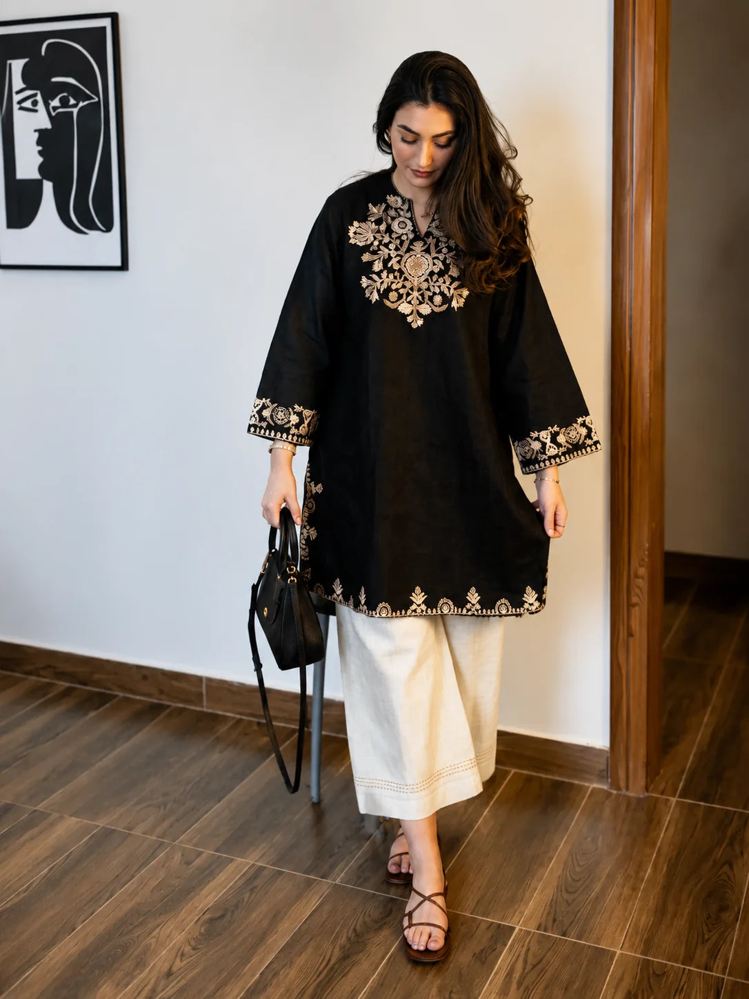 ZYFA Black Embroidered Cotton Kurta Set with Palazzo Pants for Women