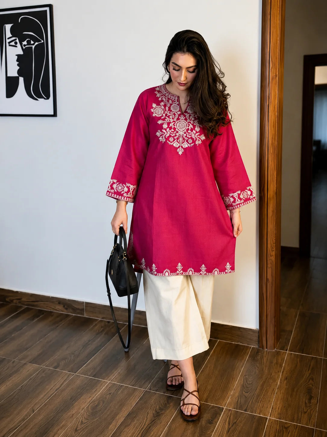 ZYFA Pink Embroidered Cotton Kurta Set with Palazzo Pants for Women