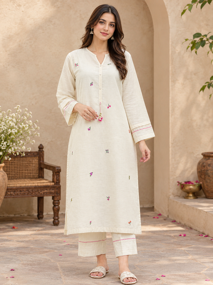 ZYFA Ivory Floral Embroidered Kurta Pant Set for Women