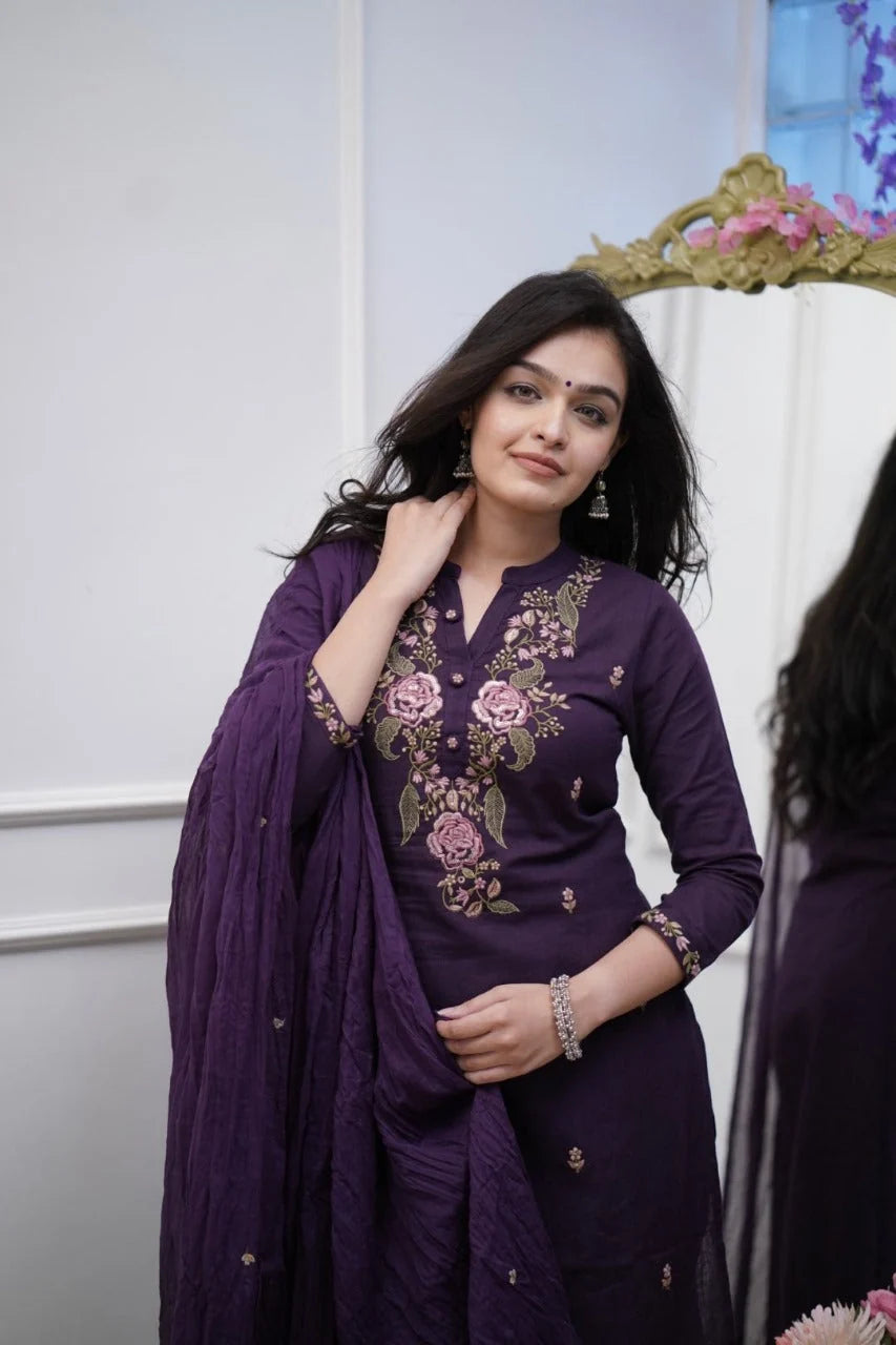 ZYFA Purple Embroidered Cotton Kurta Pant Set with Dupatta for Women