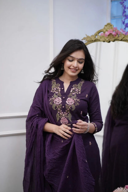 ZYFA Purple Embroidered Cotton Kurta Pant Set with Dupatta for Women