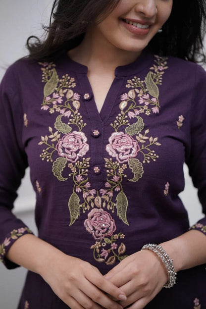 ZYFA Purple Embroidered Cotton Kurta Pant Set with Dupatta for Women
