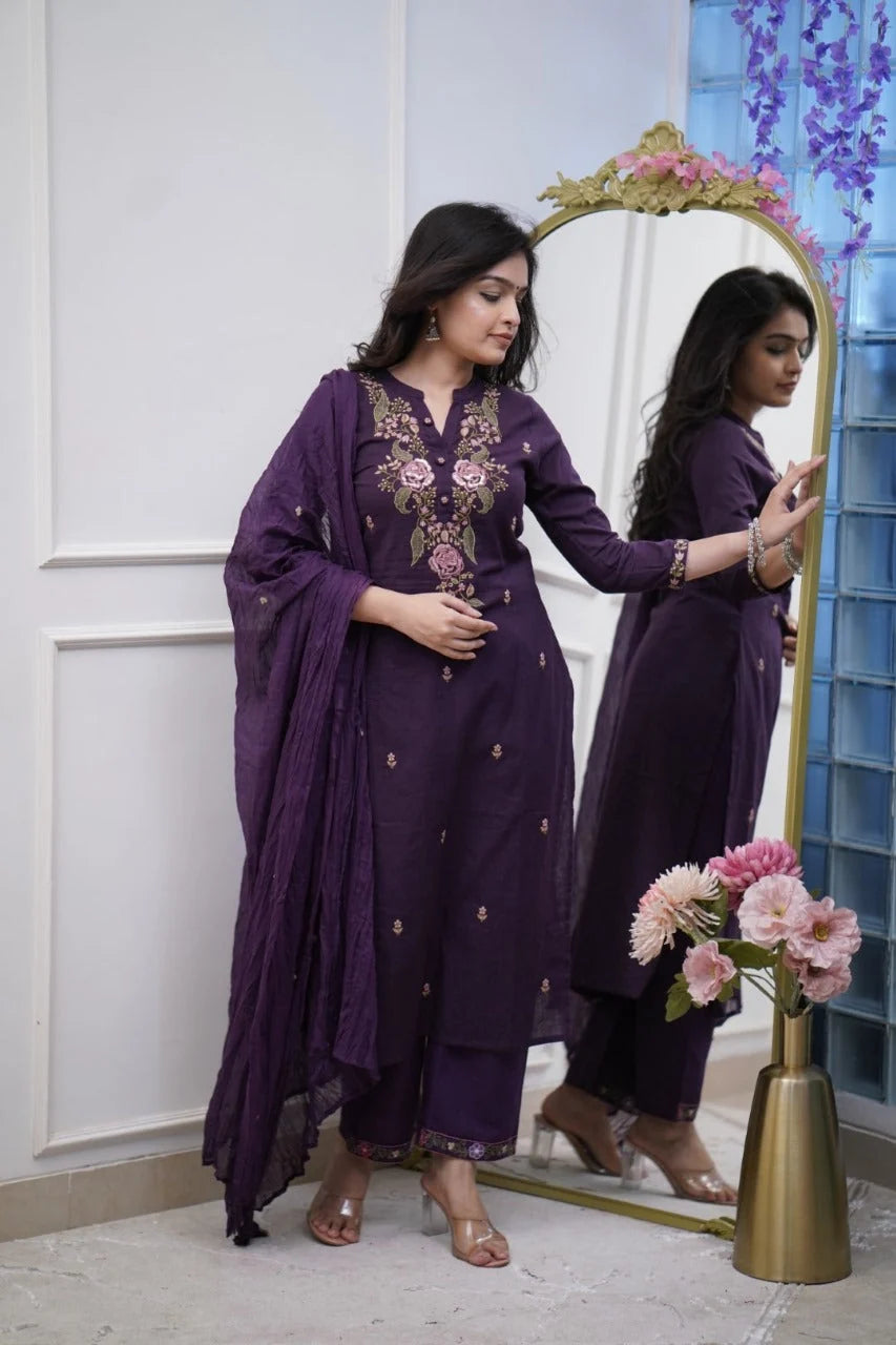 ZYFA Purple Embroidered Cotton Kurta Pant Set with Dupatta for Women