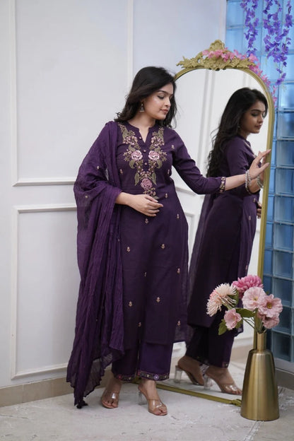ZYFA Purple Embroidered Cotton Kurta Pant Set with Dupatta for Women