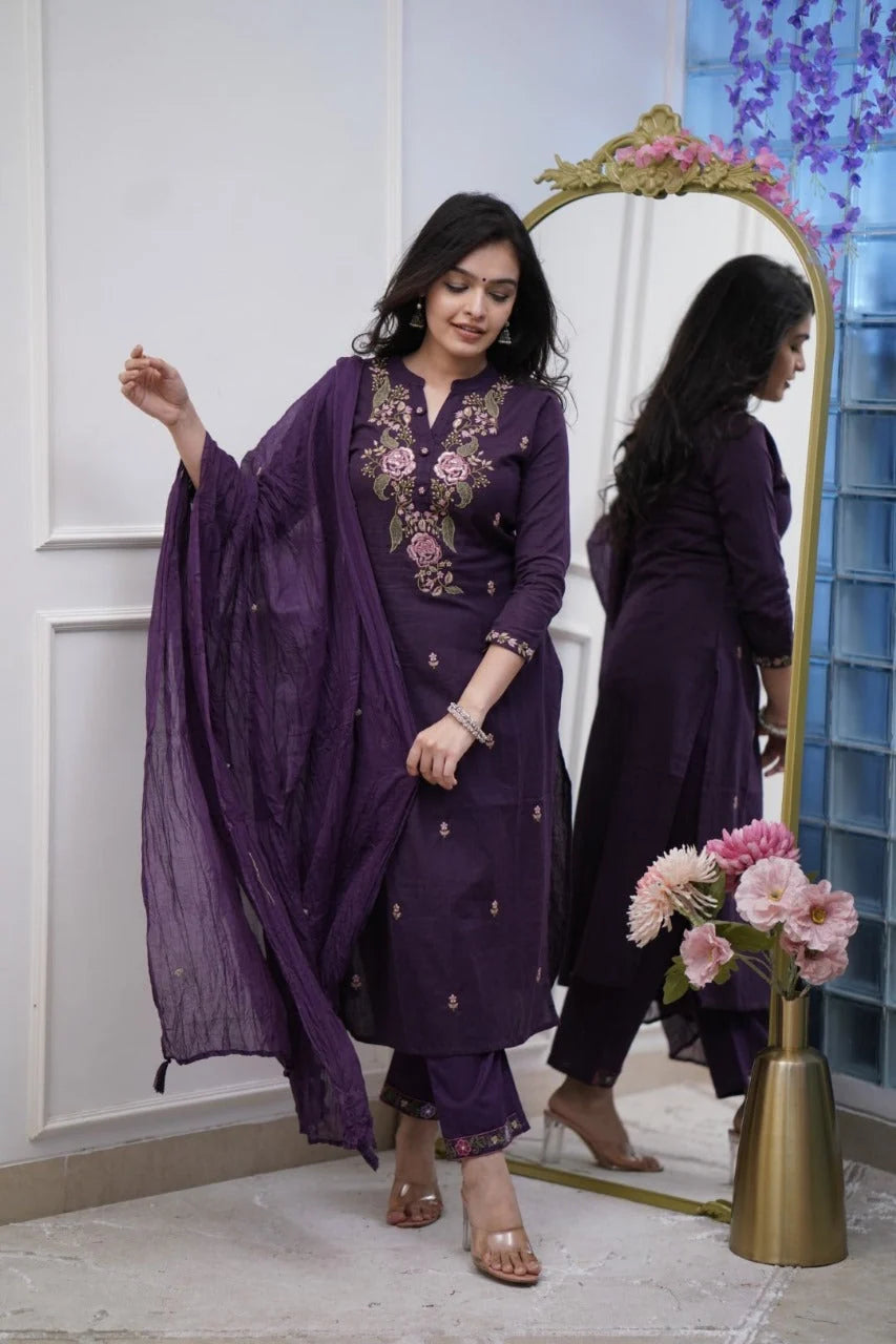 ZYFA Purple Embroidered Cotton Kurta Pant Set with Dupatta for Women