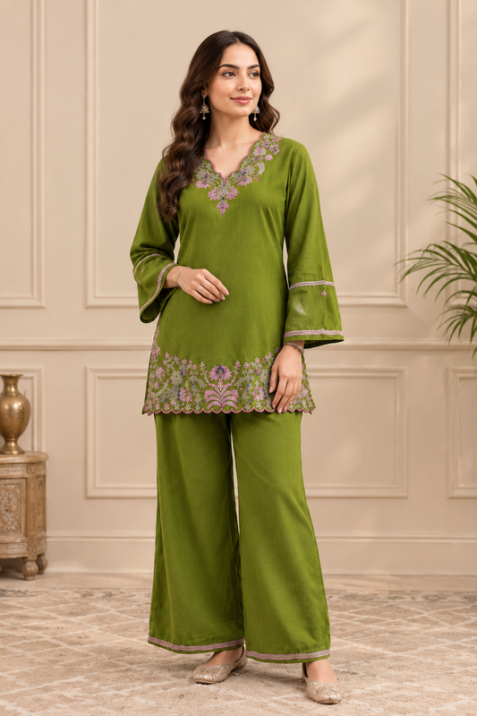 ZYFA Olive Green Floral Embroidered Kurta Palazzo Set for Women