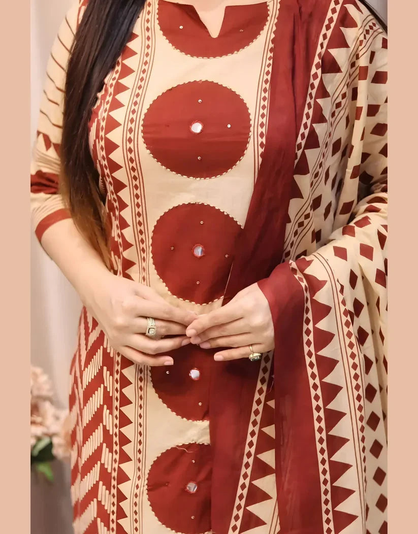 Elegant Beige & Black Geometric Printed Kurta Set with Dupatta for Women | ZYFA