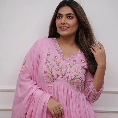 ZYFA Pink Embroidered Cotton Anarkali Kurta Set with Dupatta for Women