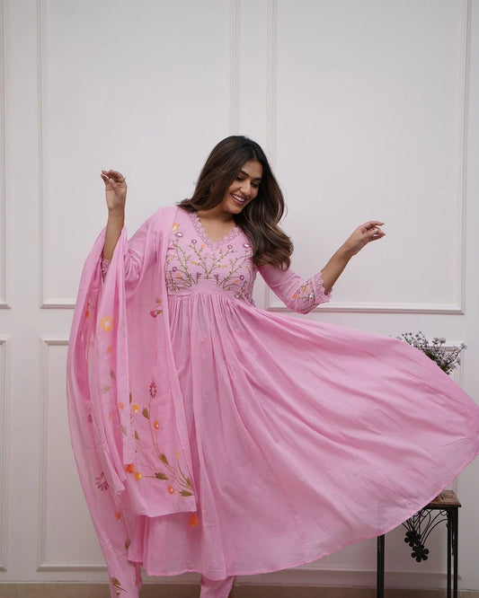 ZYFA Pink Embroidered Cotton Anarkali Kurta Set with Dupatta for Women