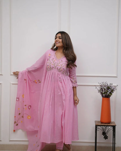 ZYFA Pink Embroidered Cotton Anarkali Kurta Set with Dupatta for Women