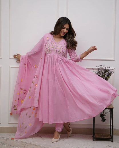 ZYFA Pink Embroidered Cotton Anarkali Kurta Set with Dupatta for Women