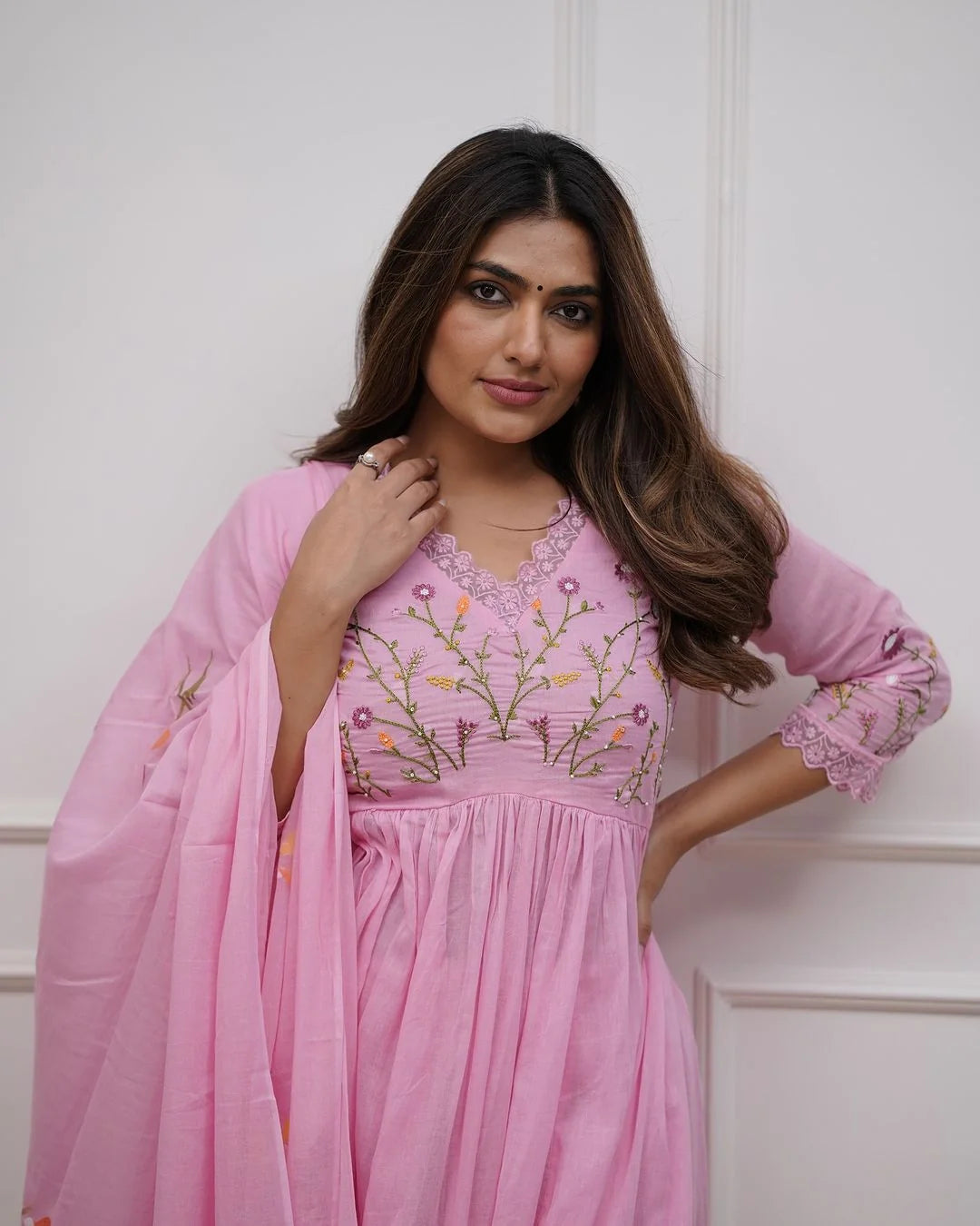 ZYFA Pink Embroidered Cotton Anarkali Kurta Set with Dupatta for Women