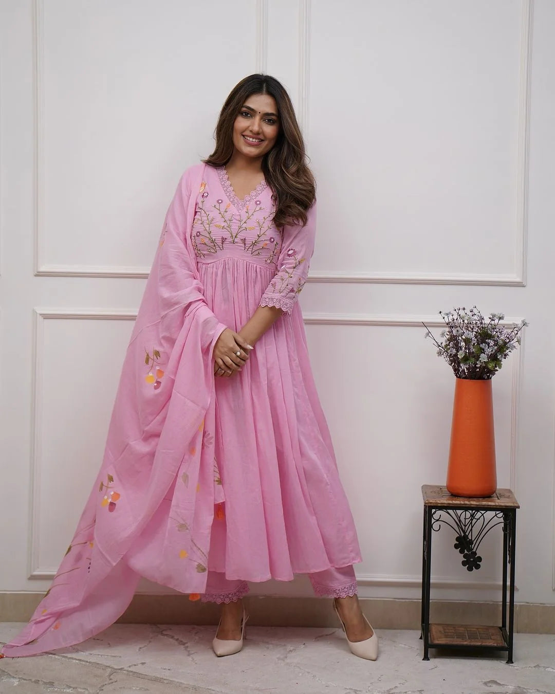 ZYFA Pink Embroidered Cotton Anarkali Kurta Set with Dupatta for Women
