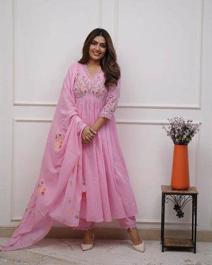 ZYFA Pink Embroidered Cotton Anarkali Kurta Set with Dupatta for Women