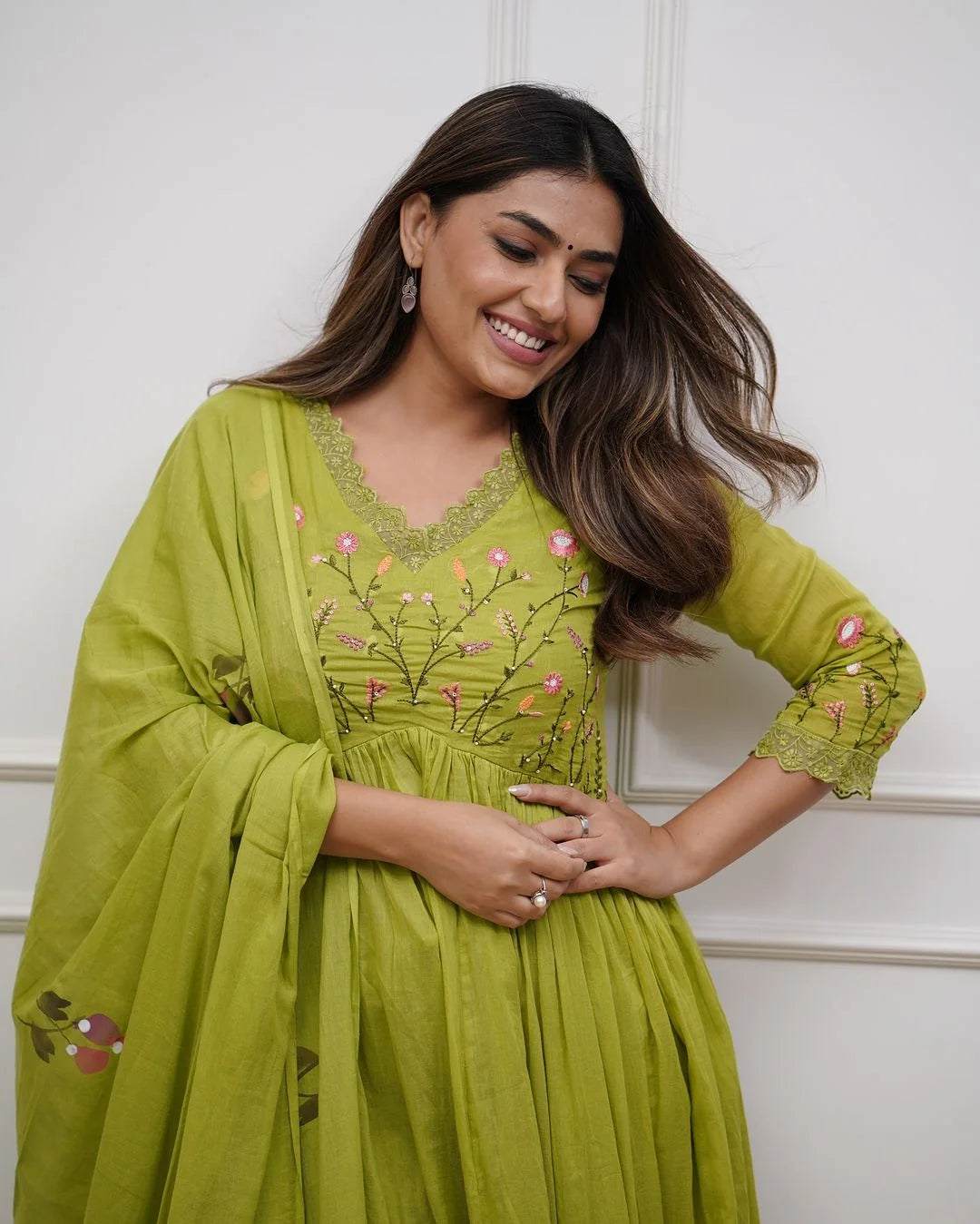 ZYFA Green Embroidered Cotton Anarkali Kurta Set with Dupatta for Women (Copy)